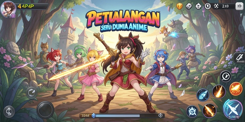 Tampilan dinamis dan seru dari gameplay 4P4P yang menampilkan karakter anime.