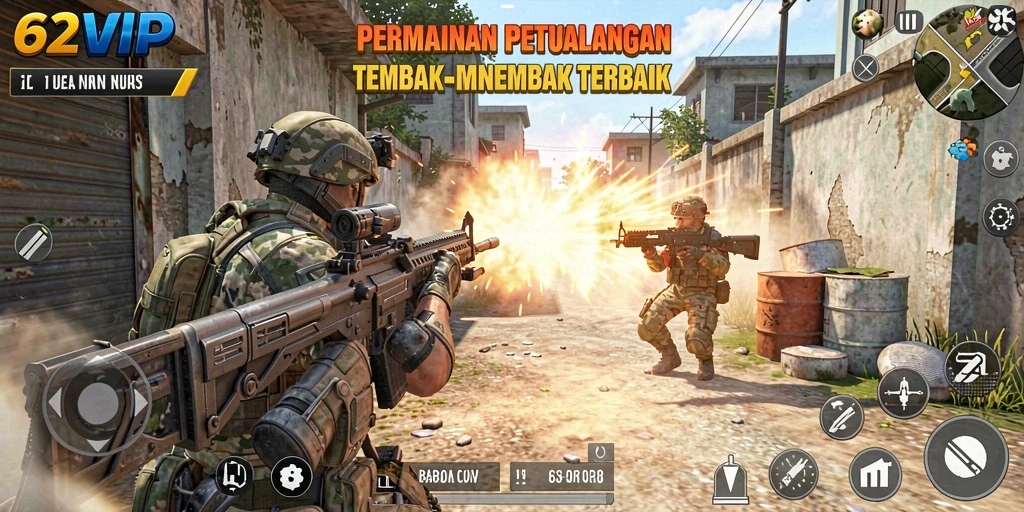 Gameplay seru dari 62VIP dengan aksi tembak-menembak di berbagai peta.