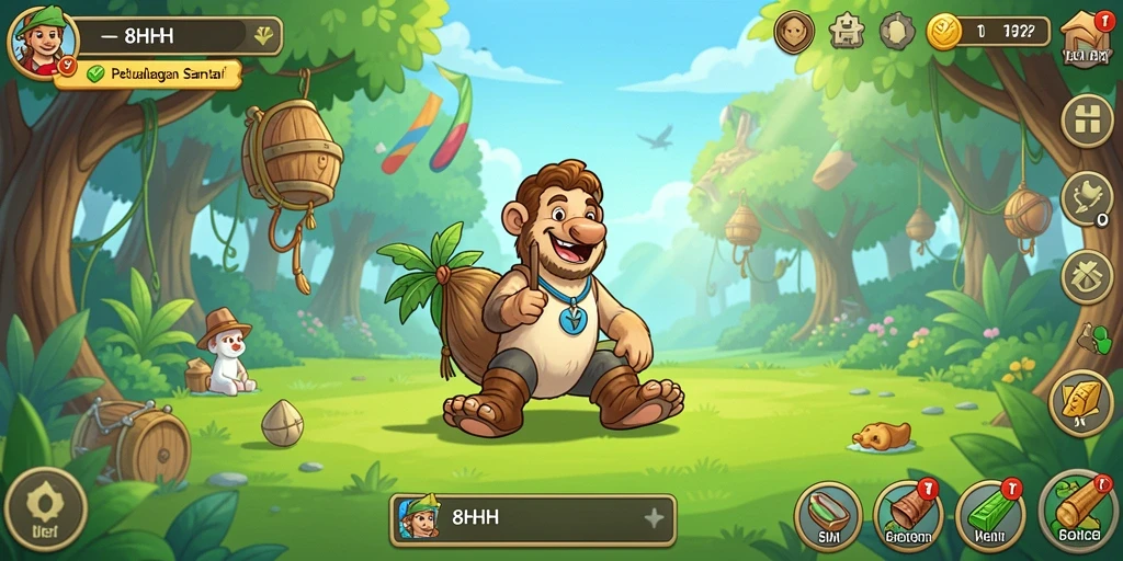 Screenshot gameplay 8HHH yang menampilkan petualangan santai dan karakter lucu.