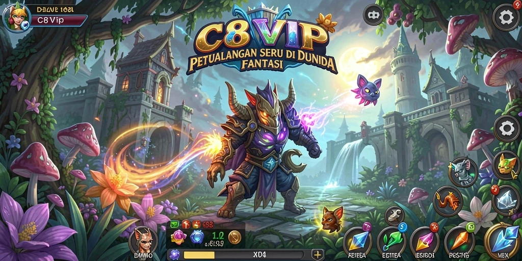 Screenshot menunjukkan karakter utama menjelajahi dunia fantasi yang penuh warna.
