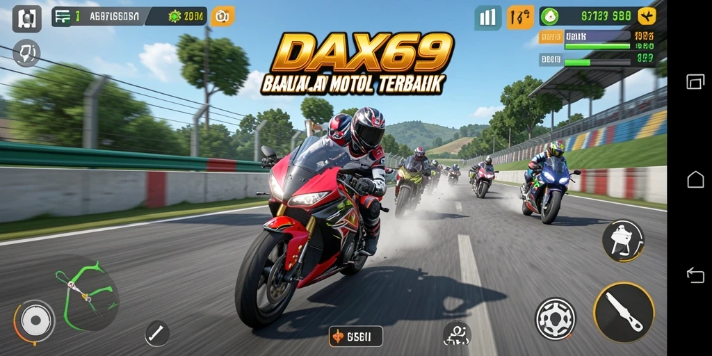Screenshot gameplay DAX69 menampilkan aksi balap motor yang intens.