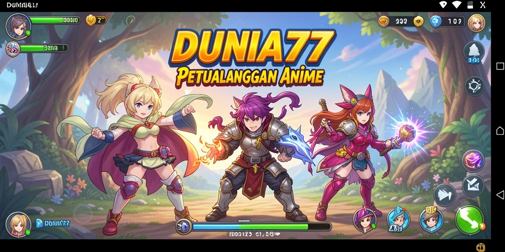 Screenshot menampilkan gameplay seru DUNIA77 dengan karakter anime yang dinamis.