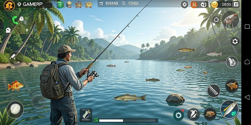 Tampilan gameplay GAMERP yang menunjukkan aksi memancing yang seru.