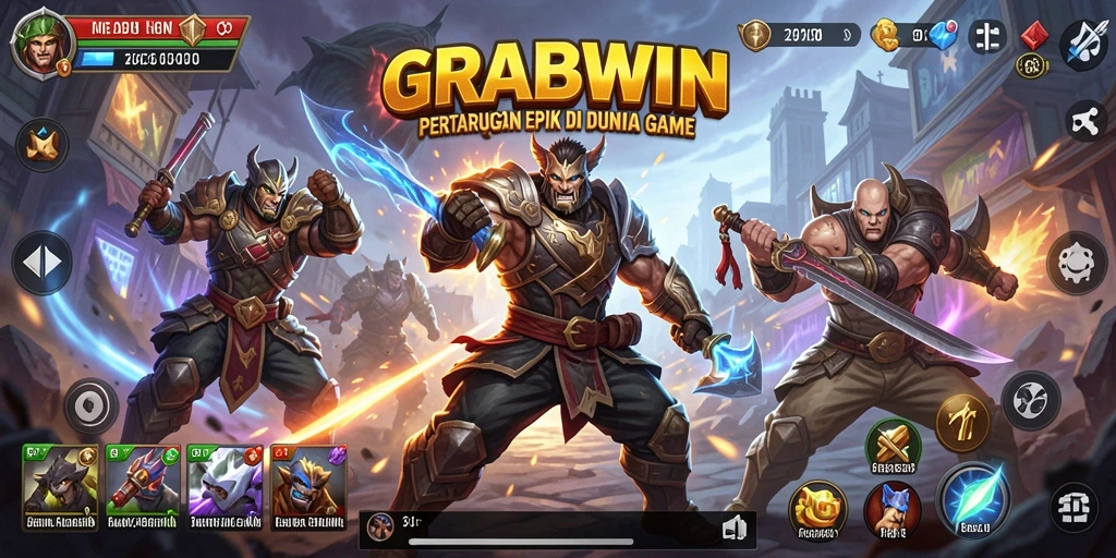 Screenshot utama GRABWIN menampilkan aksi pertarungan yang mendebarkan dan karakter-karakter dinamis.