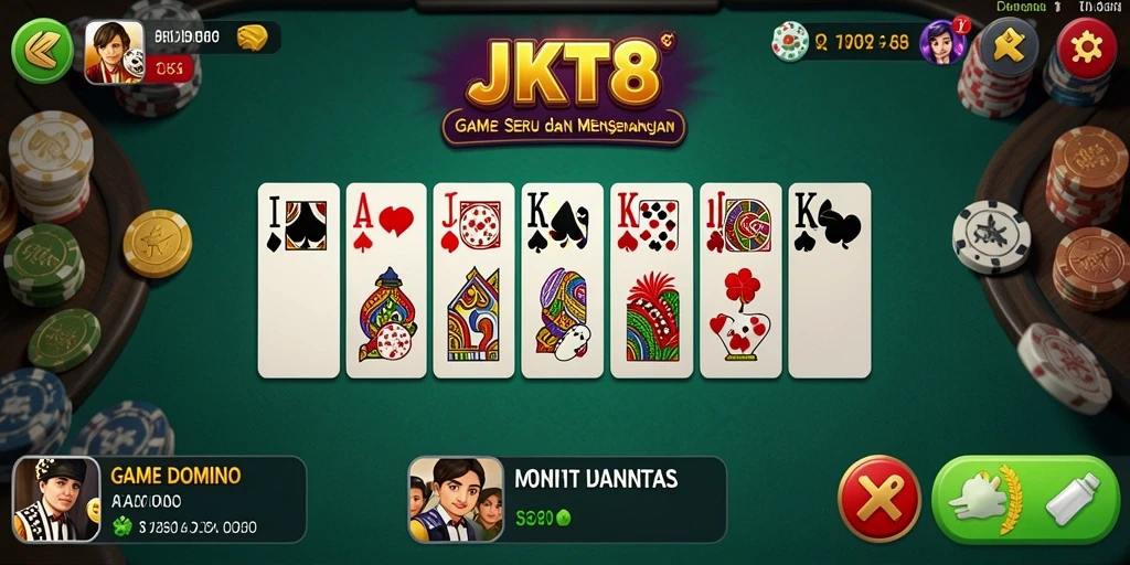 Tampilan gameplay seru dalam JKT8 dengan pemain bersaing di papan Domino.
