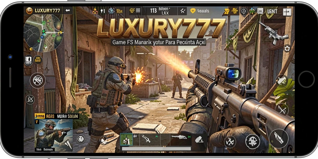 Screenshot LUXURY777 menampilkan aksi tembak-menembak seru di battlefield.