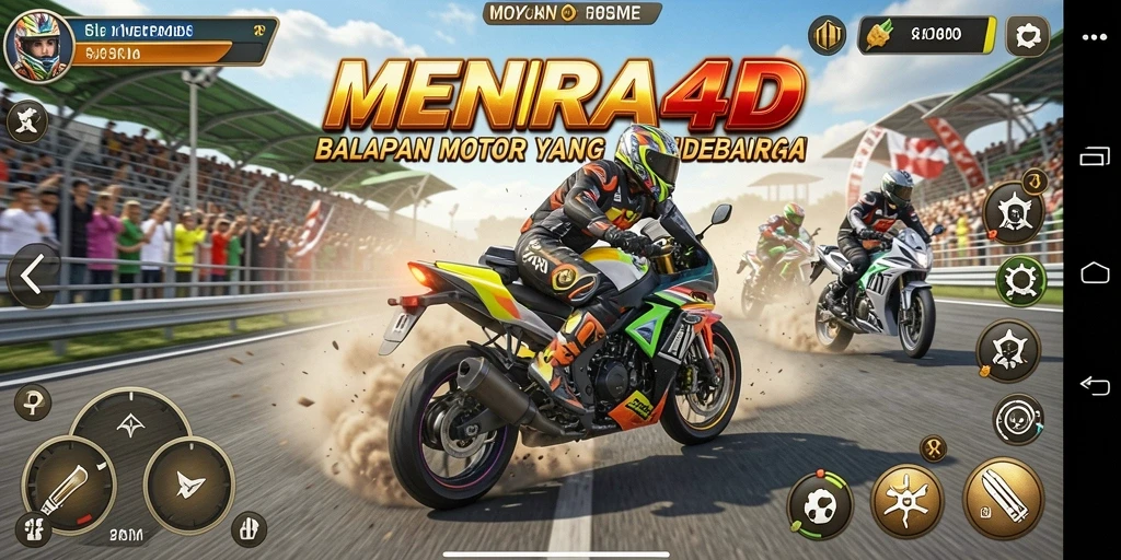 Tampilan gameplay seru MENARA4D saat balapan motor di trek yang menantang.