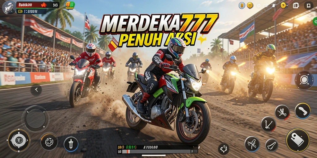 Gameplay seru dan mendebarkan di MERDEKA777 dengan balapan sepeda motor.