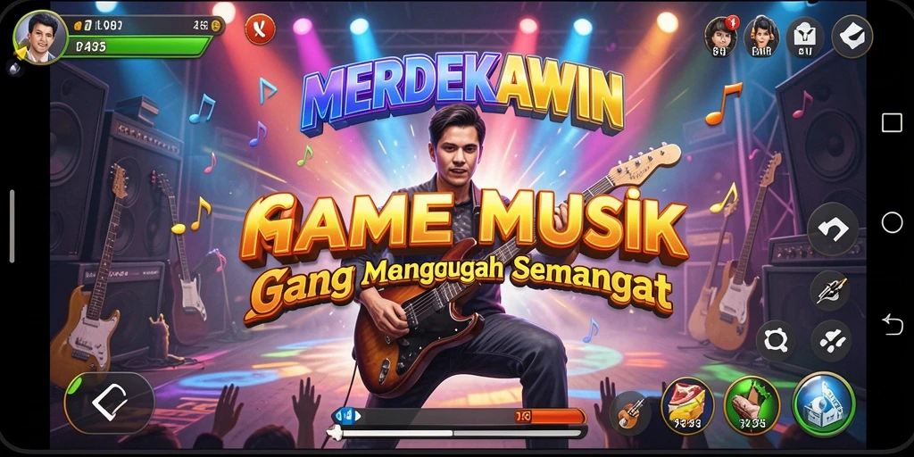 Tangkapan layar utama MERDEKAWIN menunjukkan gameplay musik yang seru.