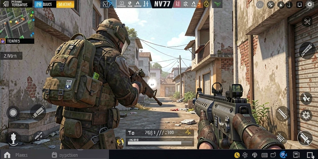 Screenshot utama NV77 menampilkan aksi pertempuran mendebarkan dalam game FPS.