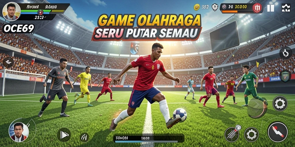 Screenshot utama OCE69 menampilkan action seru di lapangan olahraga.