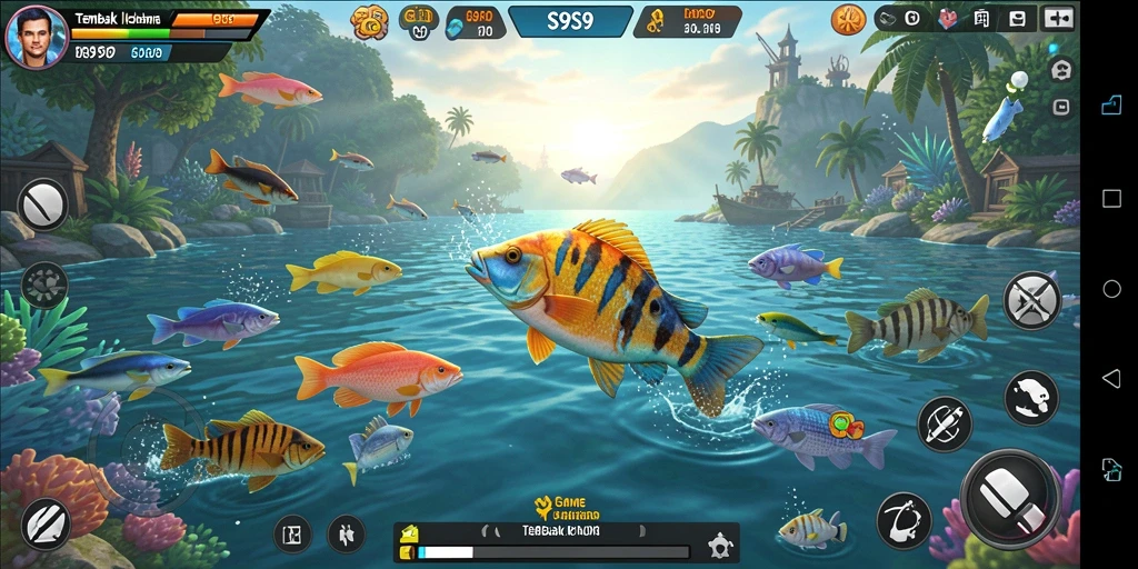 Tangkapan layar menunjukkan gameplay seru dalam S9S9, menembak ikan dengan berbagai senjata.