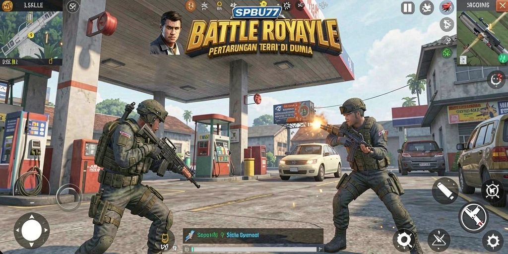Tangkapan layar SPBU77 menampilkan aksi pertempuran sengit dalam arena Battle Royale.