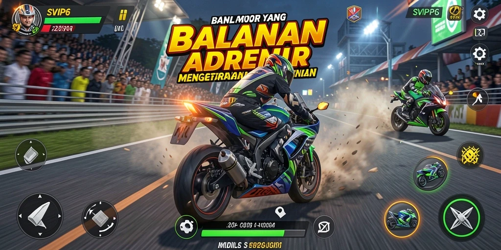 Tampilan gameplay mendebarkan dari SVIP6 saat balapan motor.