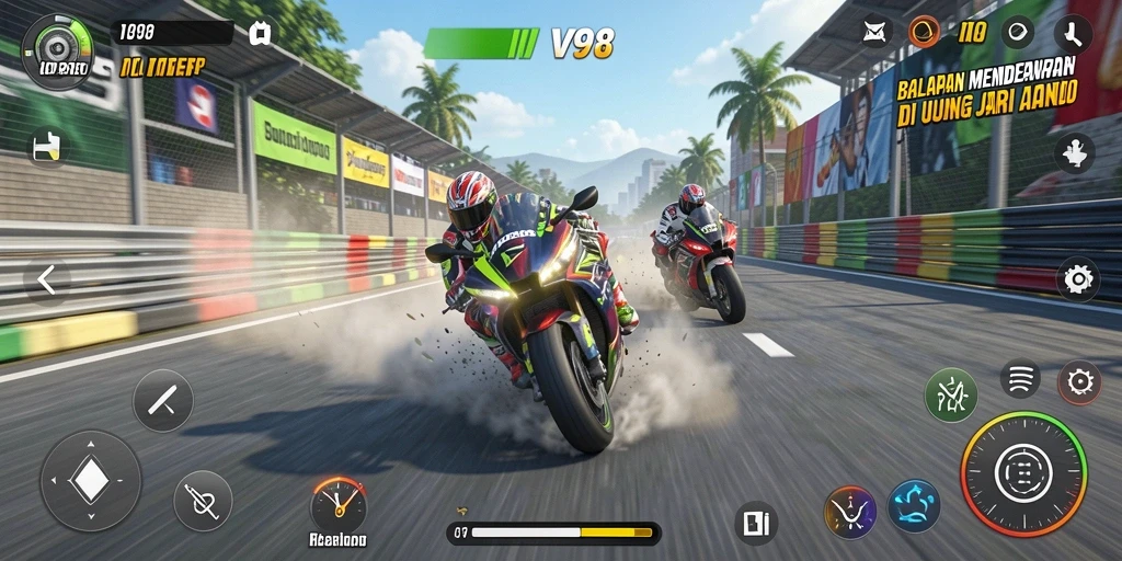 Tampilan gameplay balapan motor yang mendebarkan di V98.